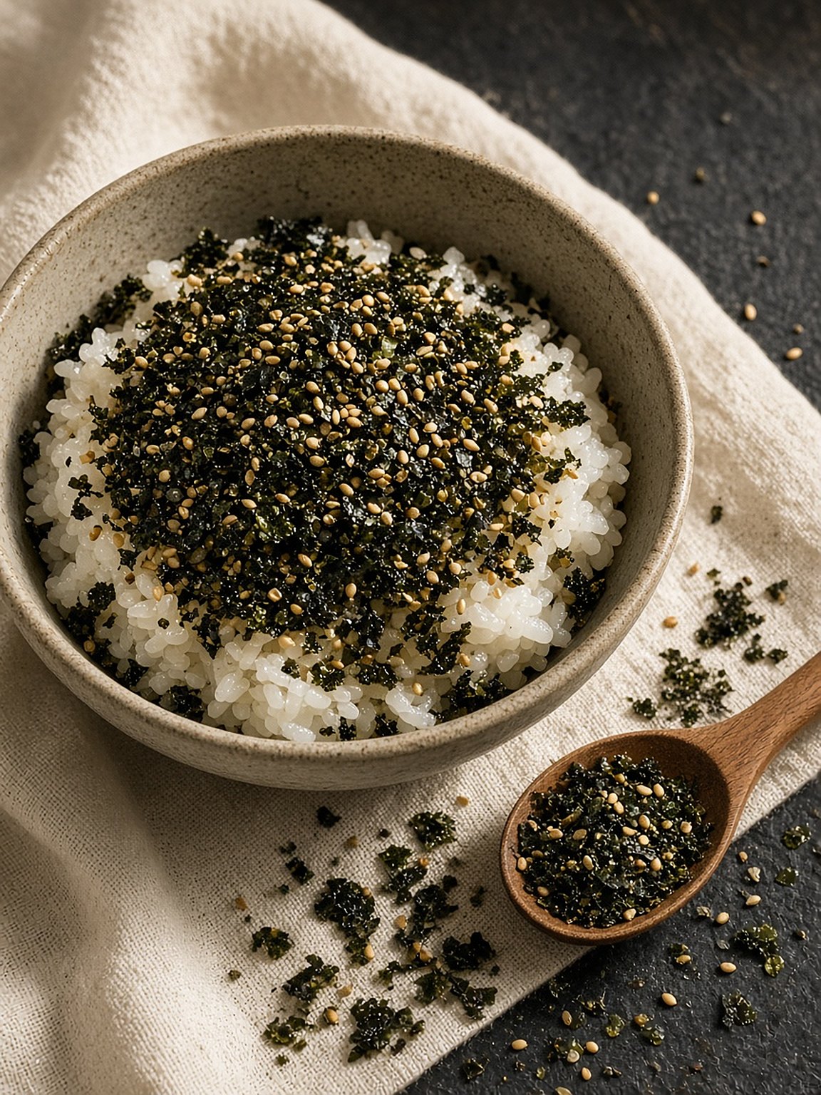 A bowl of rice topped with seasoned gim flakes and sesame seeds