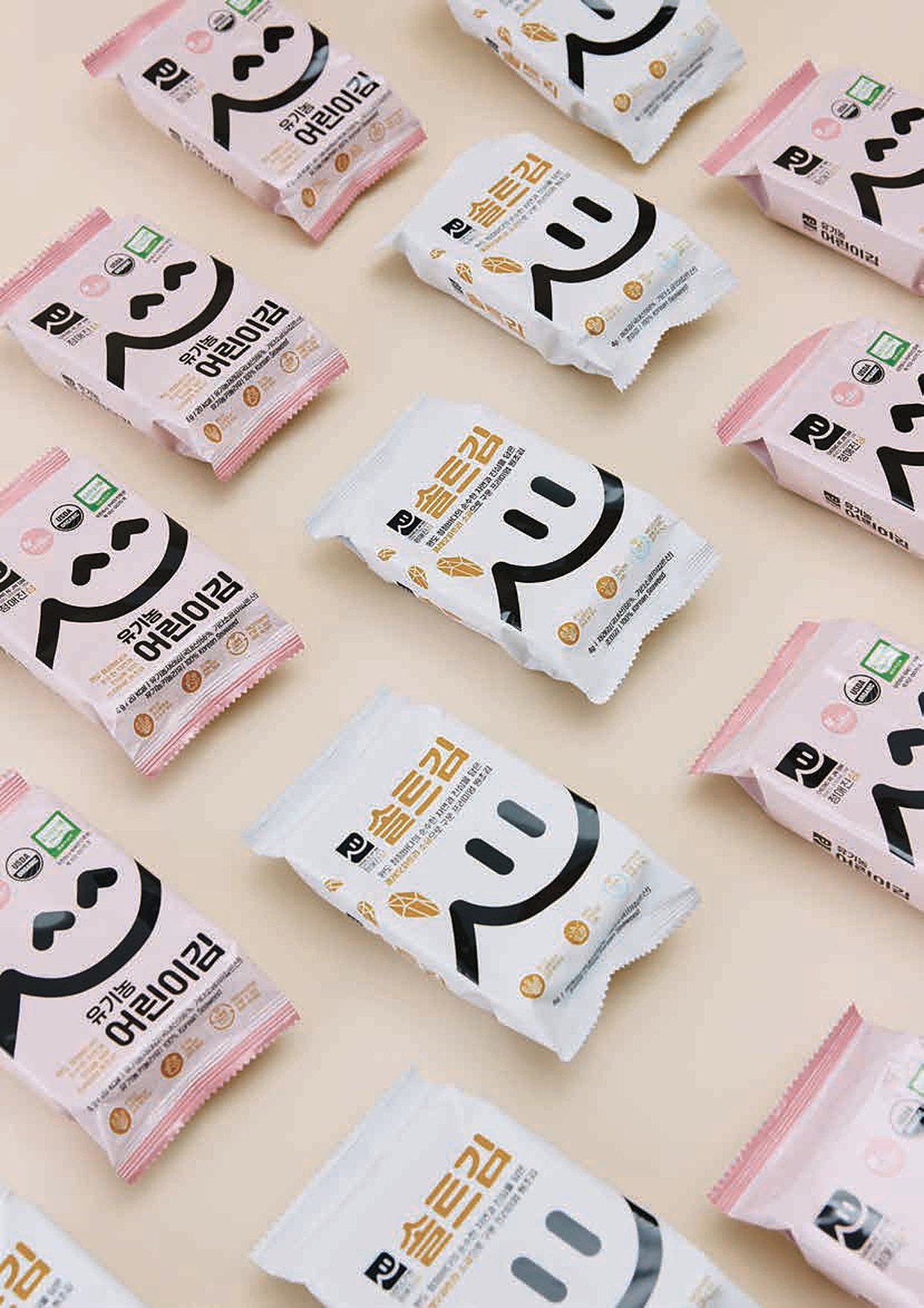 Organic Kids Gim and Salted Gim packs arranged in rows