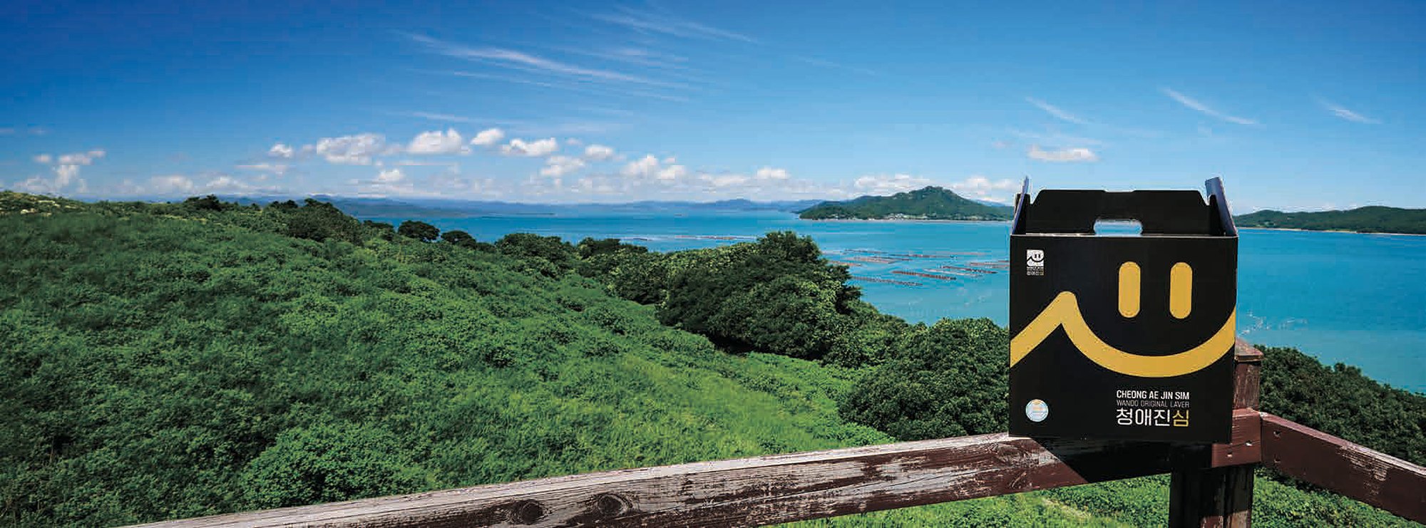 Panoramic view of pristine aquaculture farms in Wando with a CHEONG AE JIN SIM gift box